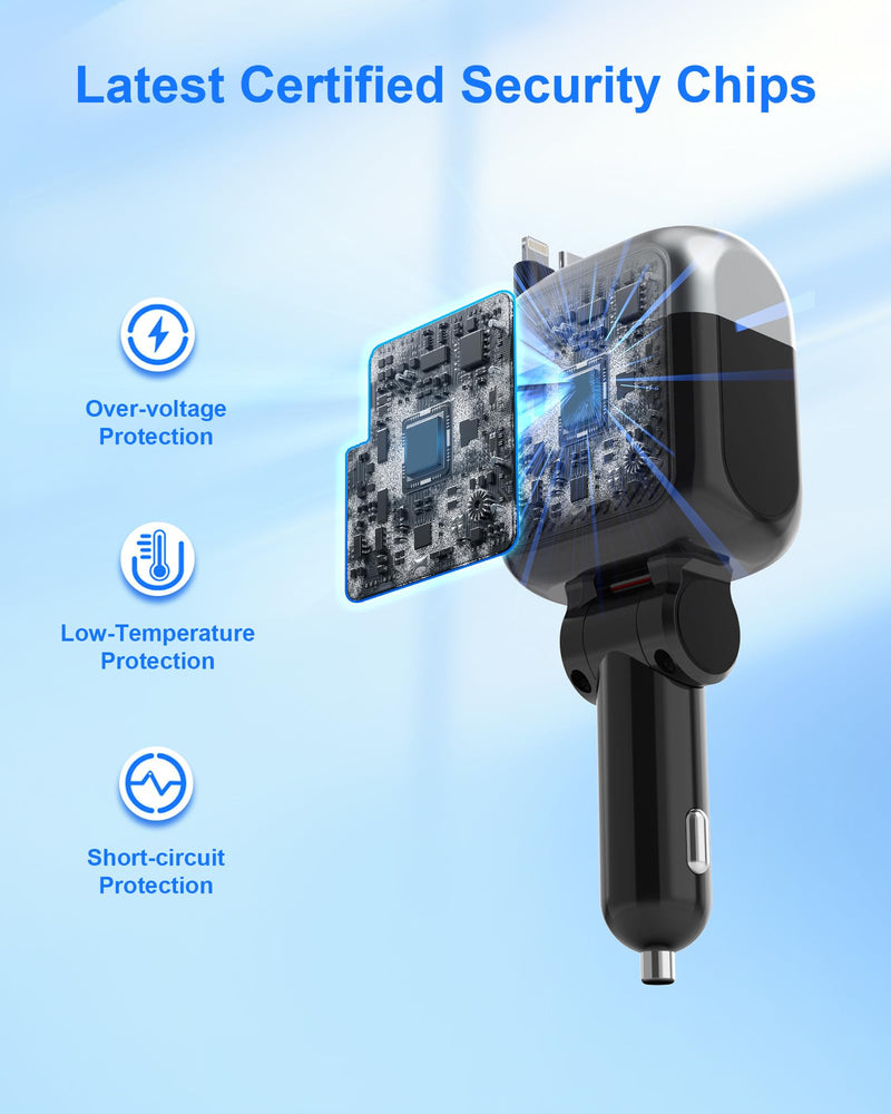 87W Retractable Car Charger, Cigarette Lighter USB Charger for iPhone 17 | 4-in-1 Car Phone Charger USB C Fast Charge Adapter for iPhone 17 16 15 14 13 12, Sumsung Travel Essentials Car Accessories USB C Cable / Lightning Cable