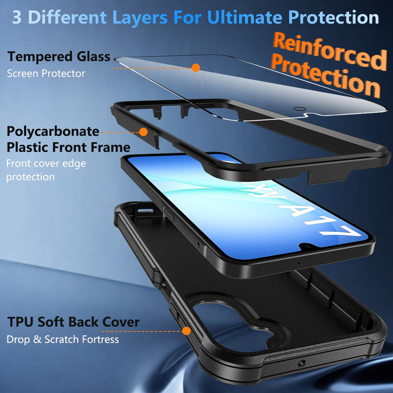 Hensinple for Samsung Galaxy A17 5G Phone Case with Screen Protector, Heavy Duty Military Shockproof Full Body Durable TPU Protective Cover Case for Samsung A17 5G (Black) Samsung A17-Black