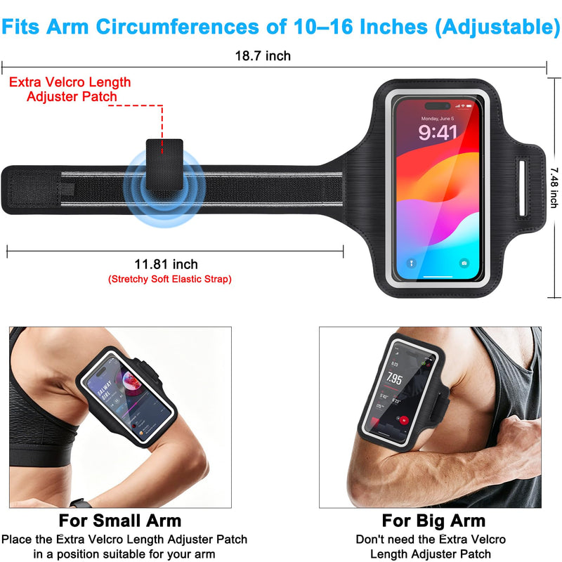 Running Armband Phone Holder with Card Slot for Gym Workout 2 Pack | Fit iPhone 11-17 Pro Max Galaxy S20-S26 Plus/Ultra, Water Resistant, Touch Screen, Reflective Strips, Anti-slip Silicone Dots Black