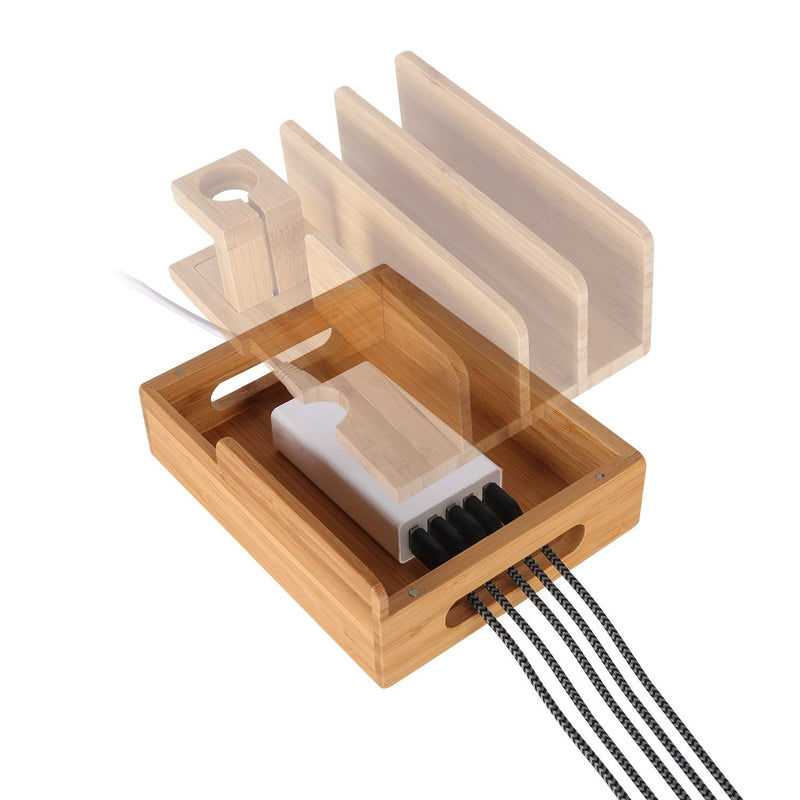 Bamboo Wood Multi-Device Desktop Charging Dock Station Charger Holder Cradle Charge Stand Compatible iPhone 16 15 14 13 Pro Max iPad Mini Pro Air Apple Watch Ulrta 10 9 8 7 6 5 4 3 2 iWatch Smartphone Medium