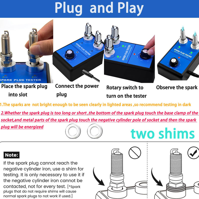 Spark Plug Tester, Dual Holes Automotive Engine Ignition Coil Tester 0 to 6000RPM Adjustable Working Frequency Car Motorcycle Spark Tester Tool for 12V Gasoline Vehicles Spark Plug Socket CC0163-DE2