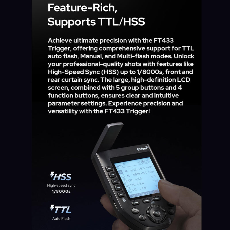 GODOX FT433-S HSS TTL Wireless Flash Trigger for Sony Camera,433 MHz Signal Control,TCM Switch,Hot Shoe,Single-Contact, Rapid-Fire