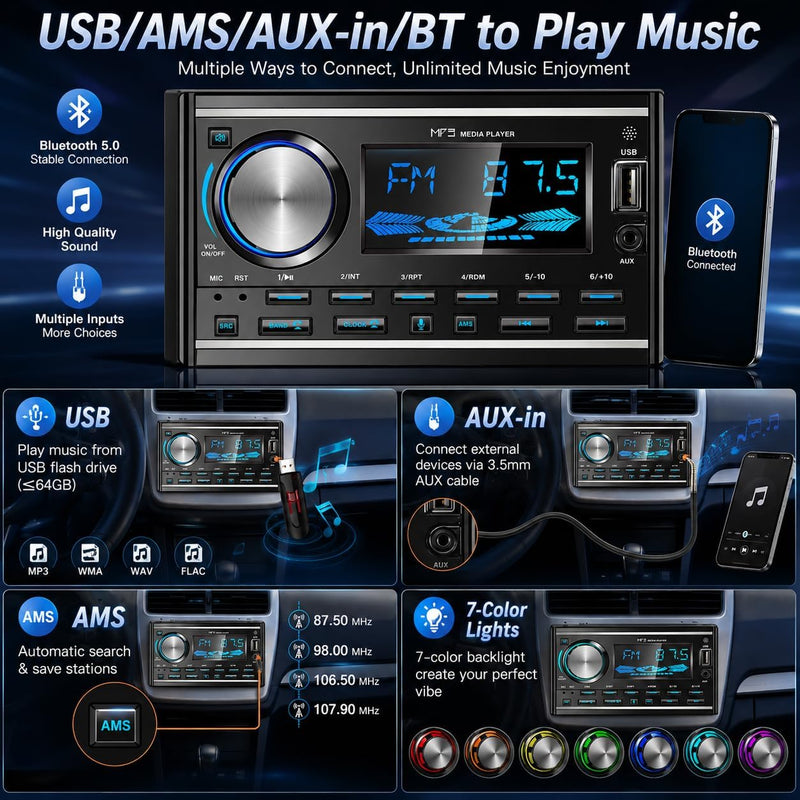 LSLYA Double Din Car Stereo with Bluetooth, FM Radio, USB/AUX, No CD Player | 2 Din Car Radio Retro with App Control, USB/AUX, Voice Assistant, 7-Color Backlight, Remote Control, USB Port & AUX Input Black