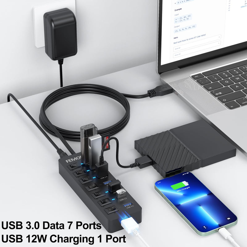 Powered USB Hub 3.0, 5Gbps Data Transfer 7 Ports and 12W Charging-only 1 Port with 5V/3A Power Adapter 4Ft Long Cable & Individual Switches for Laptop PC Flash Drive External SSD HDD Keyboard Mouse 1 Pack 7 USB 3.0 +1 Charging