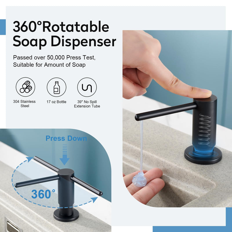 Kitchen Sink Soap Dispenser with 17 OZ Bottle and 40" Extension Tube Kit, Stainless Steel Built-in Soap Dispenser for Kitchen Sink or Countertop, in or Under Sink Installation, Matte Black