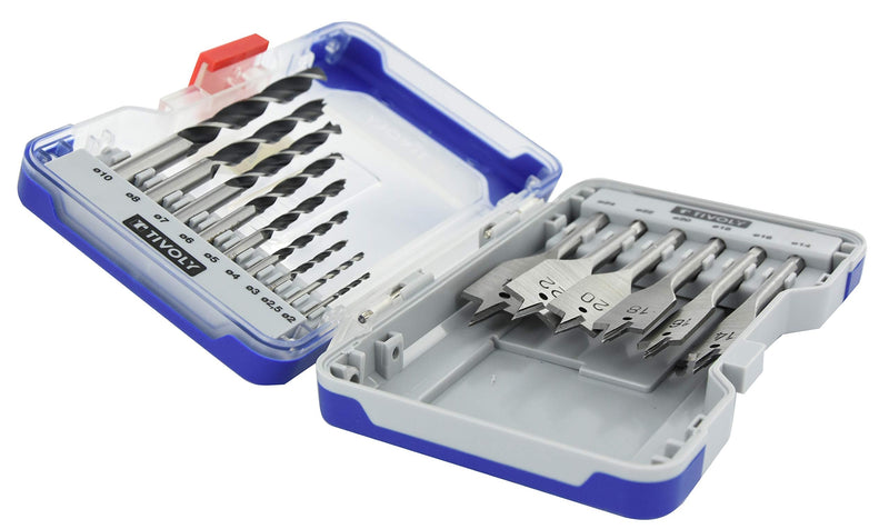 TIVOLY - Wood Drill and Bit Set - for Softwood Drilling - 15-Piece Kit: 9 HSS Drill Bits with 3 Points Ø1/12.5" to 3/8" + 6 Flat Wood Bits Ø9/16-1"