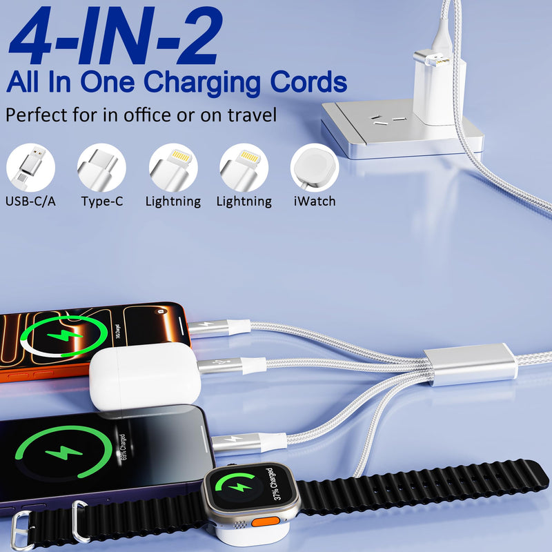 4in2 Multi Charging Cable for iPhone Watch Charger, 6FT USB C All-in-One Cable with Lightning, Type-C & Magnetic Watch Charger, MFi Certified for iWatch Series SE/Ultra 2-1, iPhone 15-13, Galaxy