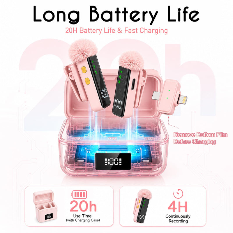 2 Mini Wireless Microphones for iPhone/Android, AI Noise Reduction | Plug & Play, 20H Battery with Charging Case, Portable Clip-On Lavalier Mic for Content Creators, Podcast, Streaming, Vlogging Pink 2