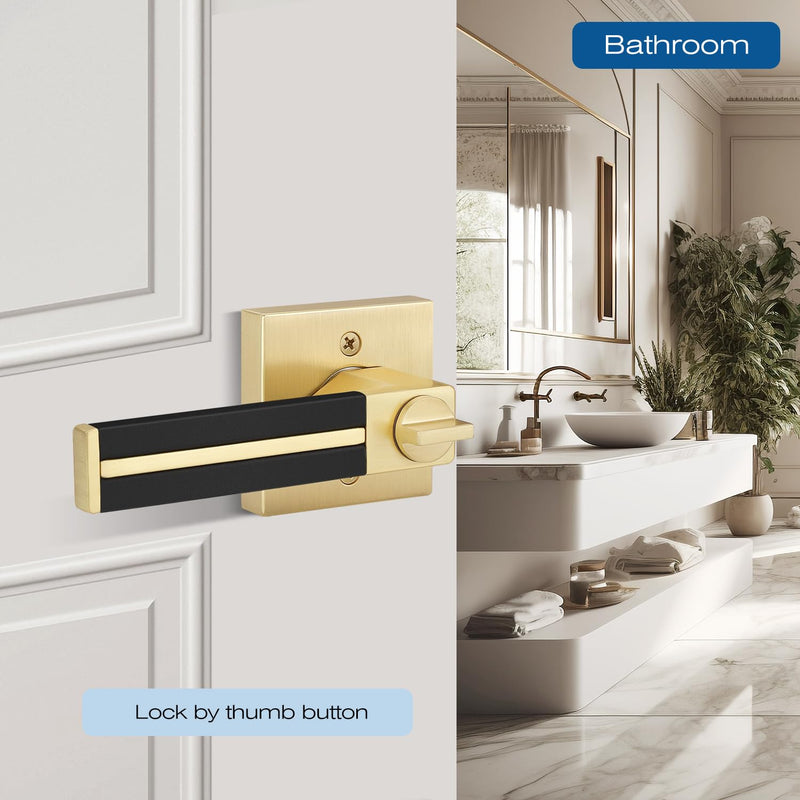 Gold Door Handle 1 Pcs, Privacy Door Levers with Black Leather Handle, Brass Interior Bedroom Bathroom Door Knob, Heavy Duty Privacy Bed/Bath Door Lockset, Reversible for Right/Left-Handed Door 1 Pack Privacy Door Handle - No Key