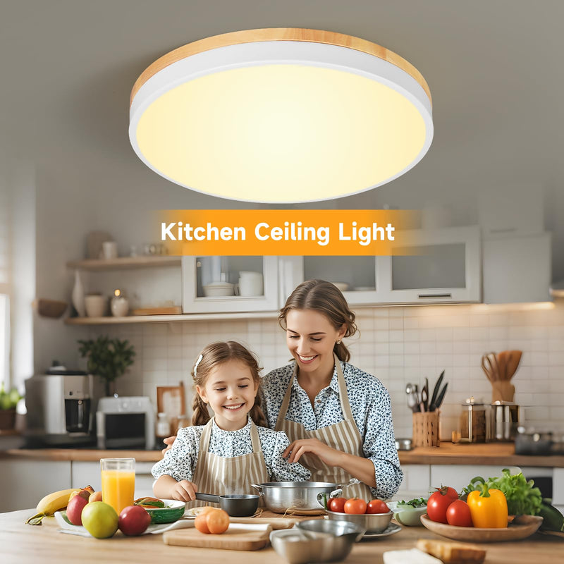 White Wood 24W Modern LED Flush Mount Ceiling Light, Close to Ceiling Light Fixture, 2700-5000K Dimmable, Round Ceiling Lamp for Bathroom Kitchen Entry Way Bedroom Laundry Room Hallway Wood & White 12 inch