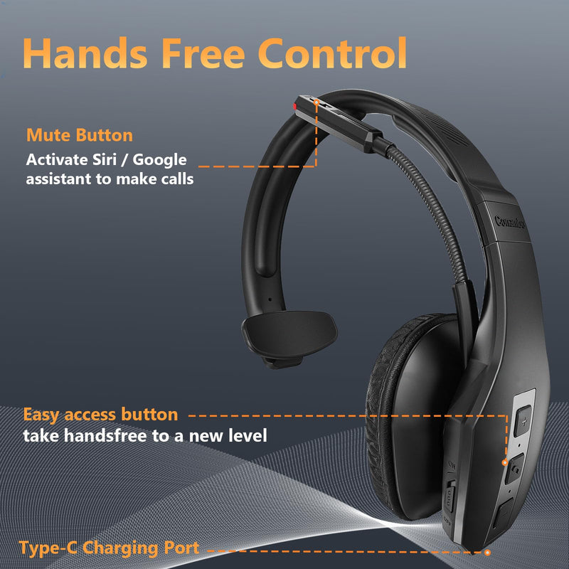 Conambo Trucker Bluetooth Headset, 3-Mic Noise Cancelling, 60H Battery Life | Built for truck drivers with a dedicated mute button, all-day comfort and reliable calls in noisy environments BLACK