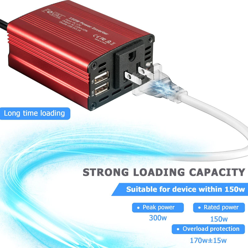 FOVAL 150W Car Power Inverter 12V DC to 110V AC Converter Vehicle Adapter Plug Outlet with 3.1A Dual USB Car Charger for Laptop Computer (Classic Red) Classic Red