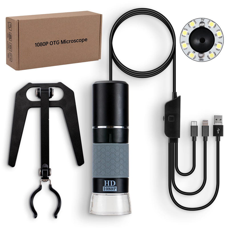 1080P USB Digital Microscope with Metal Stand, 50X-1000X Handheld Microscope Camera with 8 LED Lights Compatible with iPhone/Android/Windows/Mac Black