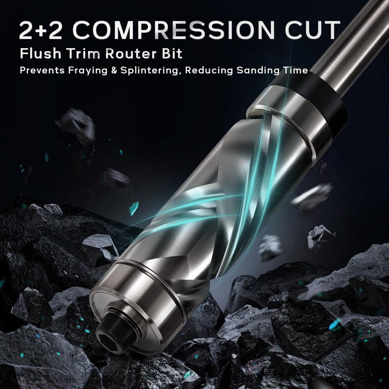 Top and Bottom Bearing Flush Trim Router Bit 1/4 Shank, 1/2" Cutting Diameter, 1-1/8" Cutting Length, Up&Down Compression Cut, Carbide Spiral Pattern Template Bit for Wood Trimming Top&Bottom Bearing Up&Down Cut 1/4"x1/2"x1-1/8"