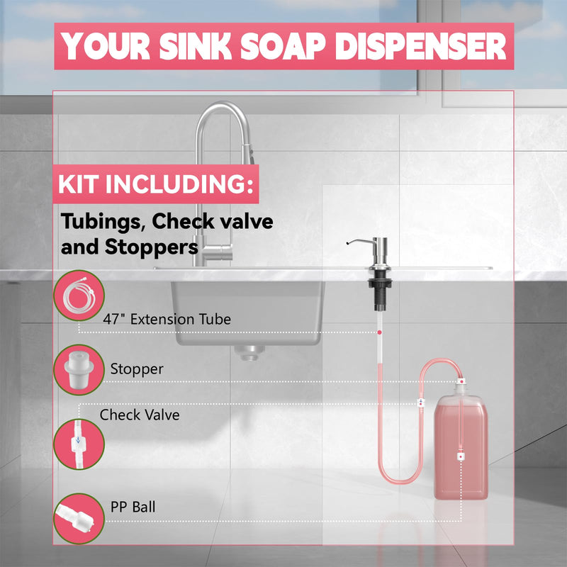 Sink Soap Dispenser, OHiHi Kitchen Sink Soap Dispenser with 47" Extension Tube, Wide Pump Head Base, No Water Leaking, No Need to Fill The Little Bottle Again, Brushed Nickel
