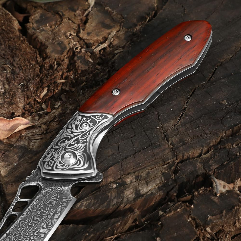 DRACHENADER Damascus Pocket Knife for Men with Clip and Leather Sheath, Handcrafted 67-Layer Damascus Steel Folding knife, Wood Handle, Ideal Gift for Father & Collector 3.4"