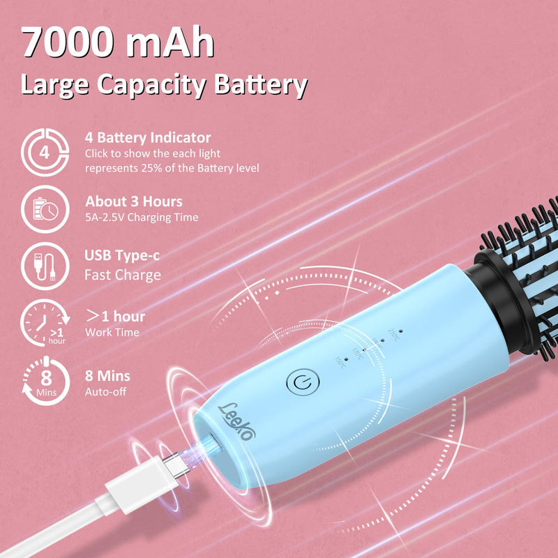Leeko 3 in 1 Hot Hair Curler and Straightener Brush, 40mm, 4 Temperatures, USB Rechargeable (Blue) Blue