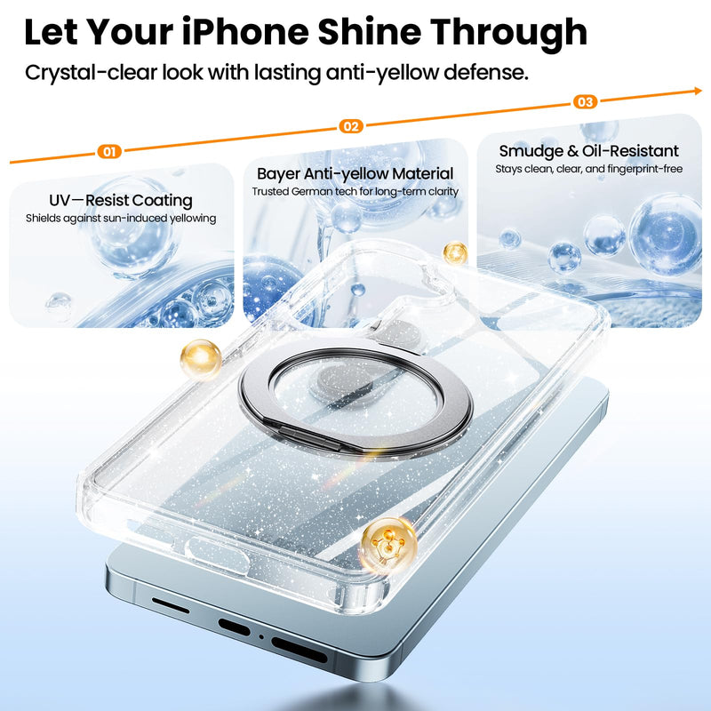 360°Ring Stand for Samsung Galaxy S26 Plus Case 6.7", Clear Glitter Stand | Includes Screen and Camera Lens Protectors*1,Fit for MagSafe, Anti-Yellowing & Scratch-Resistant Back A2-Clear Glitter Stand for S26 Plus