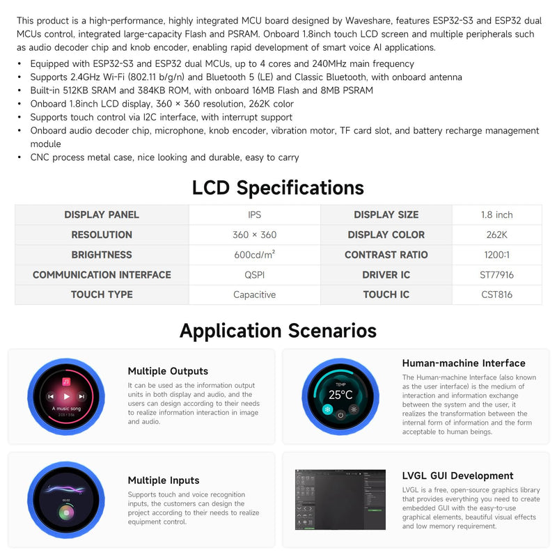 waveshare ESP32-S3 1.8inch Knob Display Development Board, Multi-Functional Knob Screen, Capacitive Touch, 2.4GHz Wi-Fi and Bluetooth Wireless Connection, No BAT