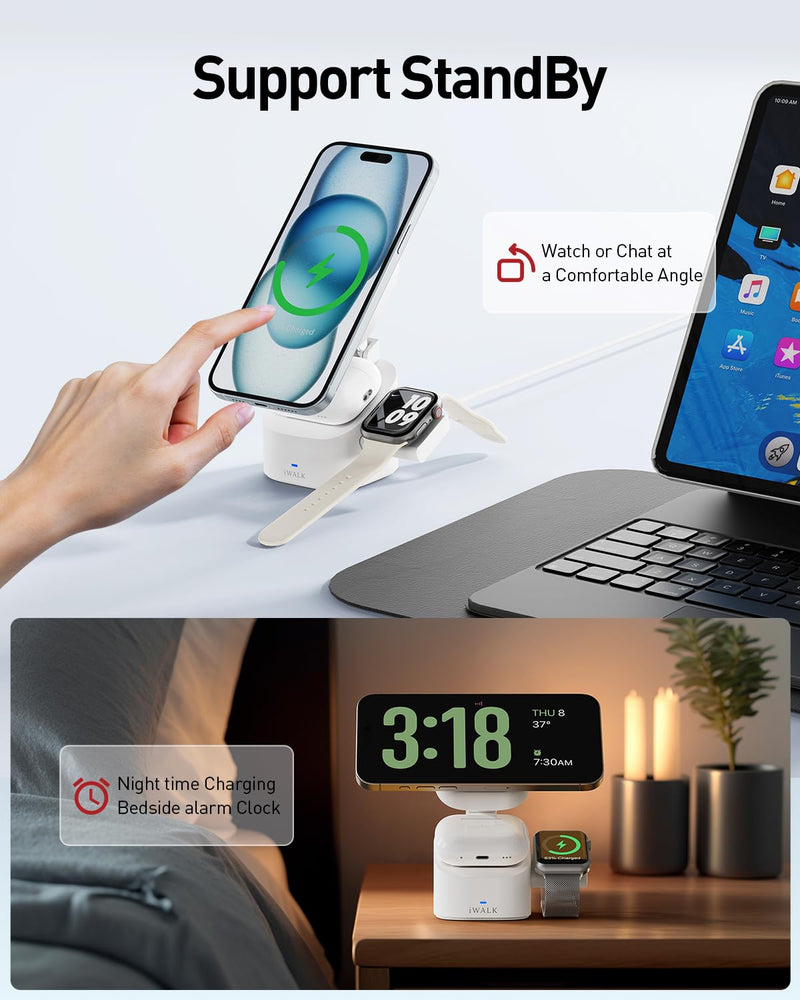 iWALK Higher and More Stable 3 in 1 Foldable wireless charging station,15W Max Fast Charging Stand, magnetic Charger for iPhone 15/14/13, Apple Watch S1-8/Ultra, AirPods (20W USB-C Charger Included) white