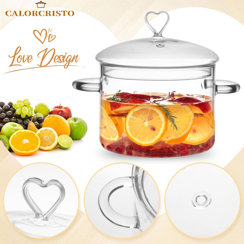 2 L Glass Cooking Pot with Lid, Simmer Pot for Stove Potpourri, Save Energy, Heat Resistant, for Water-based Recipes. Heart Shape Lid, Clear,2000ml(68oz) 2.1 Quarts