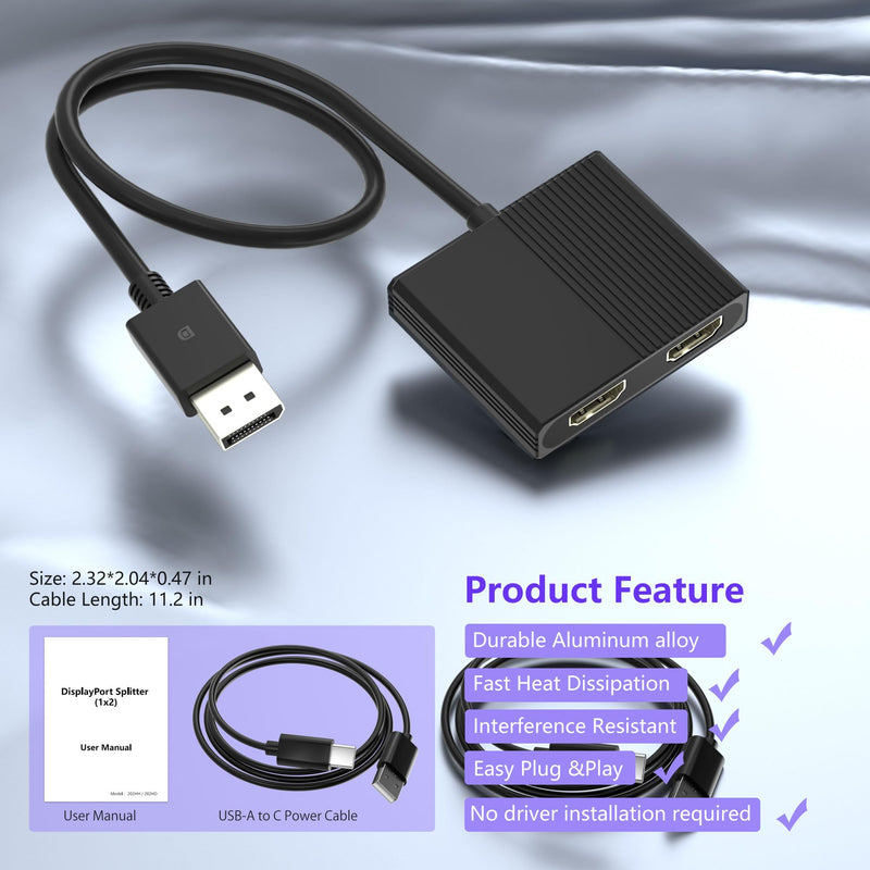 HDMI Splitter Extended Display, DisplayPort to Dual HDMI Adapter for 2 Monitors, DP Source to HDMI Splitter 1 in 2 Out, Display Port Splitter MST Hub for Desktop Laptop NVIDIA AMD Graphics Card Black
