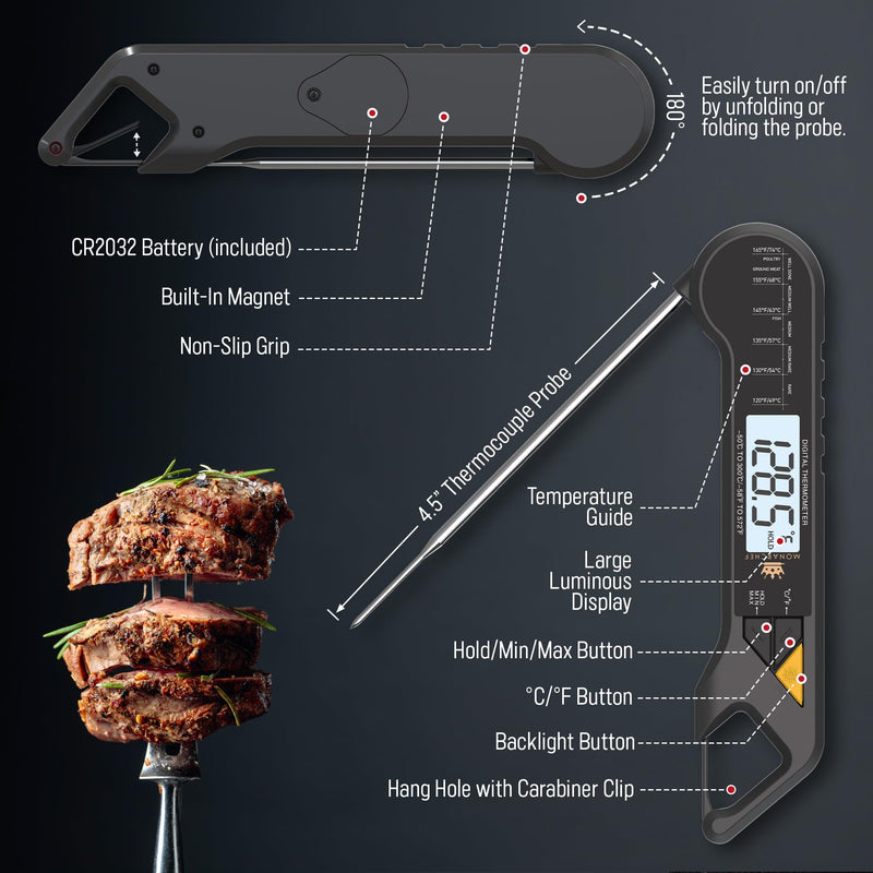 Christmas Gift for Dad – Professional Meat Thermometer, Instant Read Food Thermometer with Waterproof Design, Backlight & Hold/Min/Max – Perfect BBQ Grill & Kitchen Gadget for Men, Husband, Chef