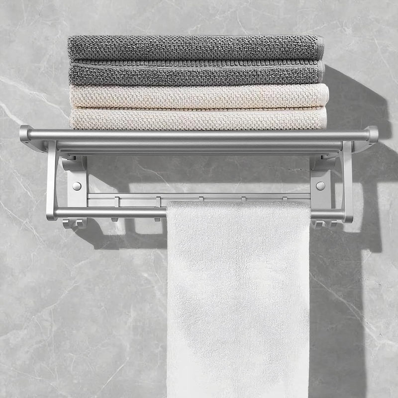 Jahof Fodable Towel Rack 24 inch, Wall Mounted Towel Bar with Hooks, Space Aluminum Towel Holder for Bathroom, Lavatory (60cm, Silvery)