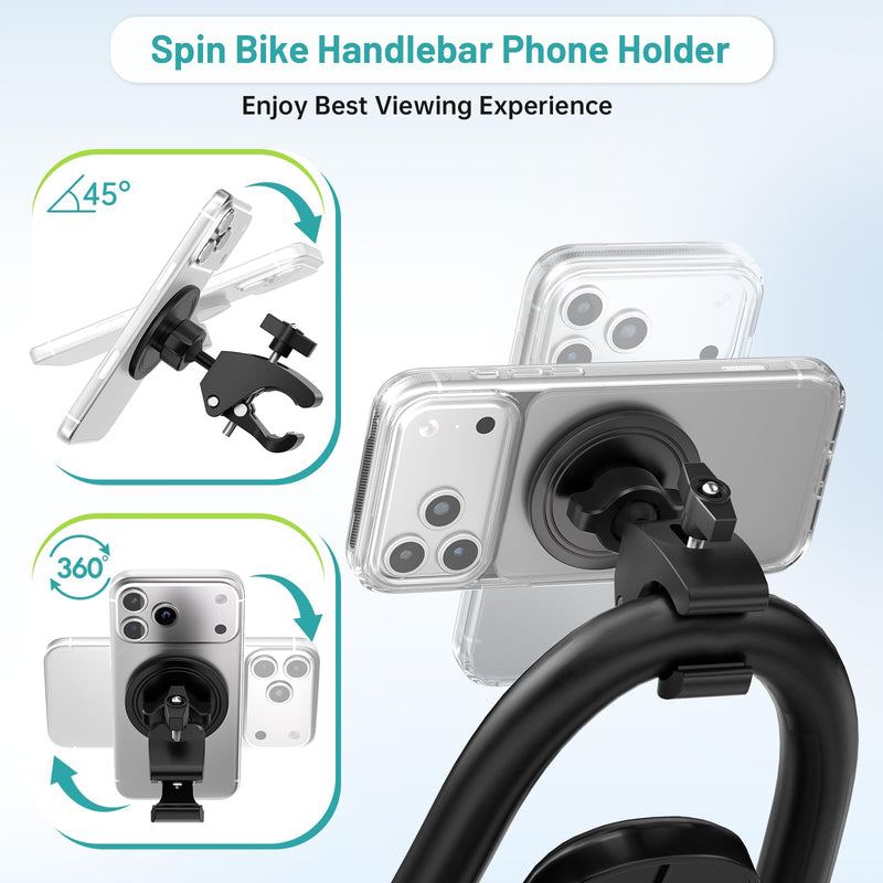 Magnetic Stroller Phone Holder Clamp Mount,20 x N52 Strong Dual Magnets | Handlebar Mount for Treadmill/Peloton/Spin Bike/Gym/Shopping/Golf Carts, Compatible with MagSafe iPhone 12–17 & Android