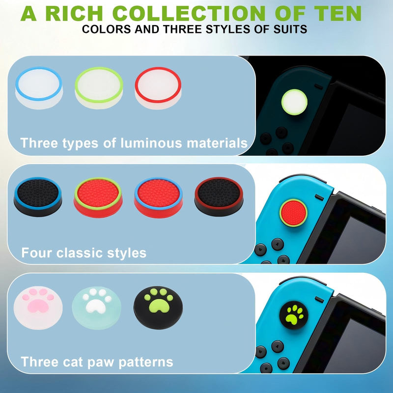20PCS Switch Joystick Caps Bundle, Skin-Like Buttery Soft Ergonomic Odorless Silicone Thumb Grips, Anti-Slip Sweatproof Glow&Cat Paw Analog Stick Covers for Switch/OLED/Lite/NS