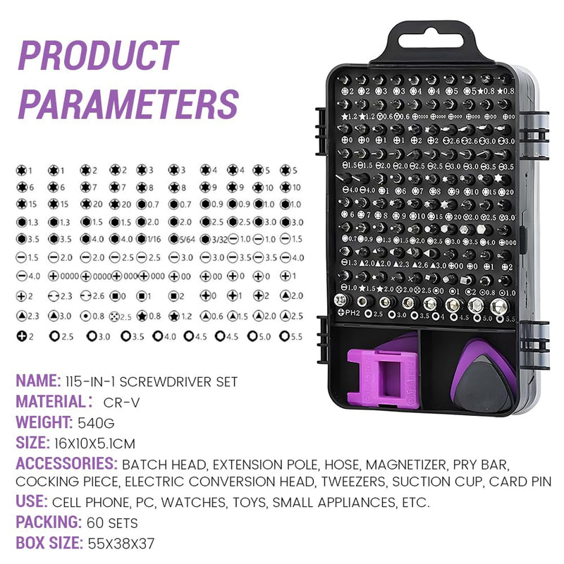 Purple Magnetic Screwdriver Set, Electronics Repair Tool Kit Micro Magnetic Bit for iPhone, Computer, Laptop, Phone, Mac, Tablet, Home DIY, Game Consoles, Glasses, Watch, Doorbell, 115 in 1 Purple