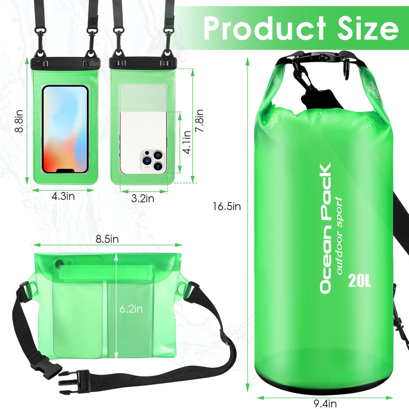 VZZNN Set of 3 Waterproof Dry Bag - 20L Lightweight Dry Sack with Waterproof Waist Pouch & Phone Case, Dry Storage Bag Backpack for Kayaking, Beach, Surfing, Swimming and Beach,Green Green 20L Dry Sack+Waist Bag+Phone Pouch