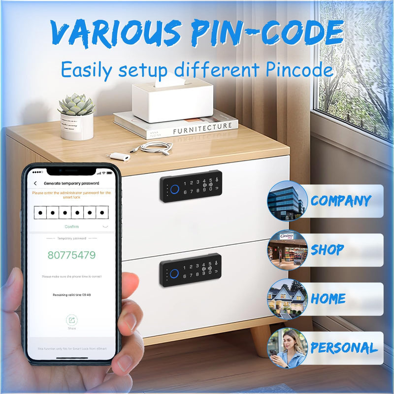 RFID Fingerprint Lock-Smart Cabinet Drawer Lock with Key Cards, Digital Electronic Biometric Bluetooth Child Safety Cabinet Code Lock Liquor File Desk Cupboard Kitchen Liquor Drawer Black Horizontal