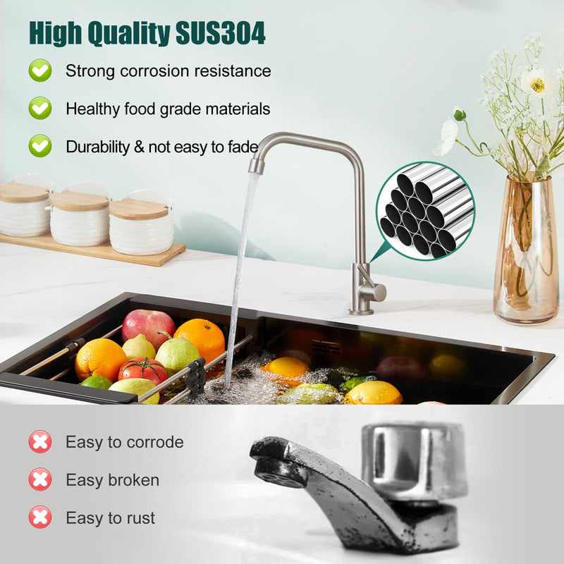 Heyalan Faucet Cold Water Only Single Lever Handle SUS304 Sink Bar Tap 360 Degree Swivel Spout Decked Mounted Longer Thread Pipe,Brushed Nickel Brushed Nickel