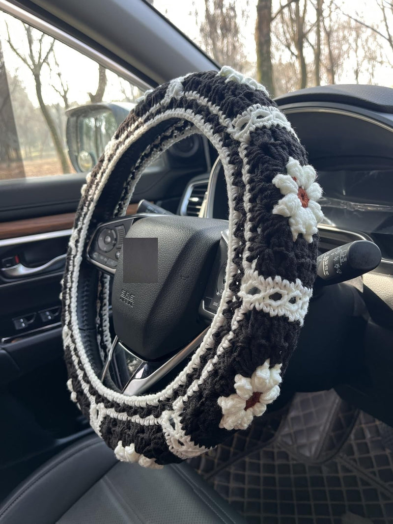 Daisy Crochet Steering Wheel Cover,Cute Seat Belt Cover,Women car Accessories (Black Steering Wheel Cover) Black Steering Wheel Cover