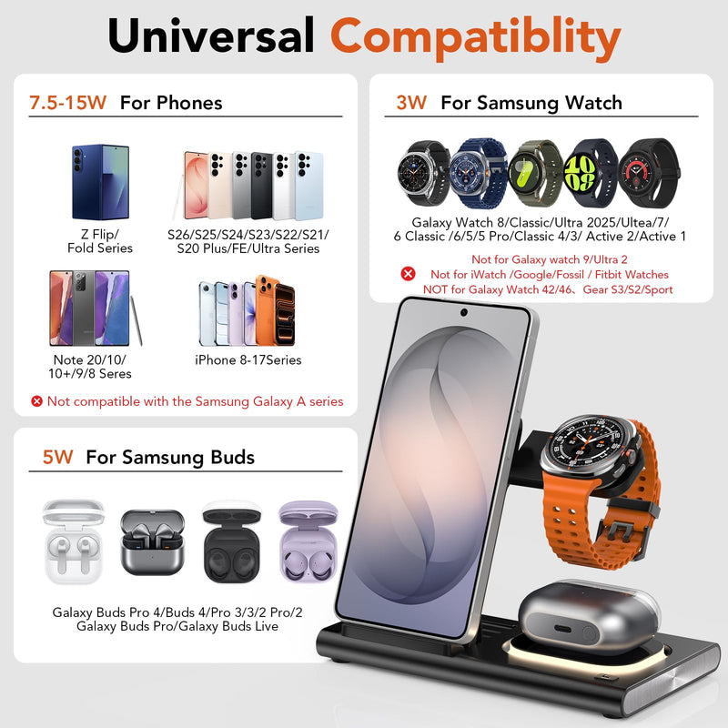 Wireless Charger for Samsung Charging Station, Foldable & Nightlight | 3 in 1 Charging Station for Samsung S26-S10/Note/Z Fold Flip8,Travel Charger for Galaxy Watch 8-1/Buds,Not for Watch 9/Ultra2 black