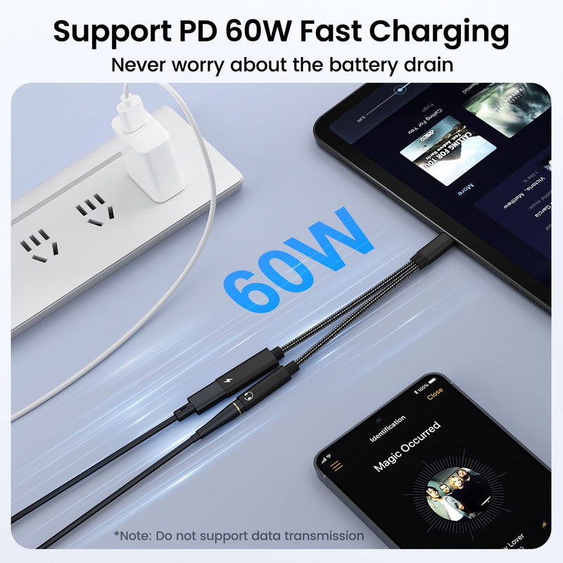2 Pack USB C to 3.5mm Headphone and Charger Adapter, 2 in 1 Hi-Res 32bit/384kHz Aux to USB C with Safe PD 60W Fast Charging Dongle Cable for iPhone 17/16, Galaxy S26/S25, Google Pixel 10/9, and more Black-2 Pack