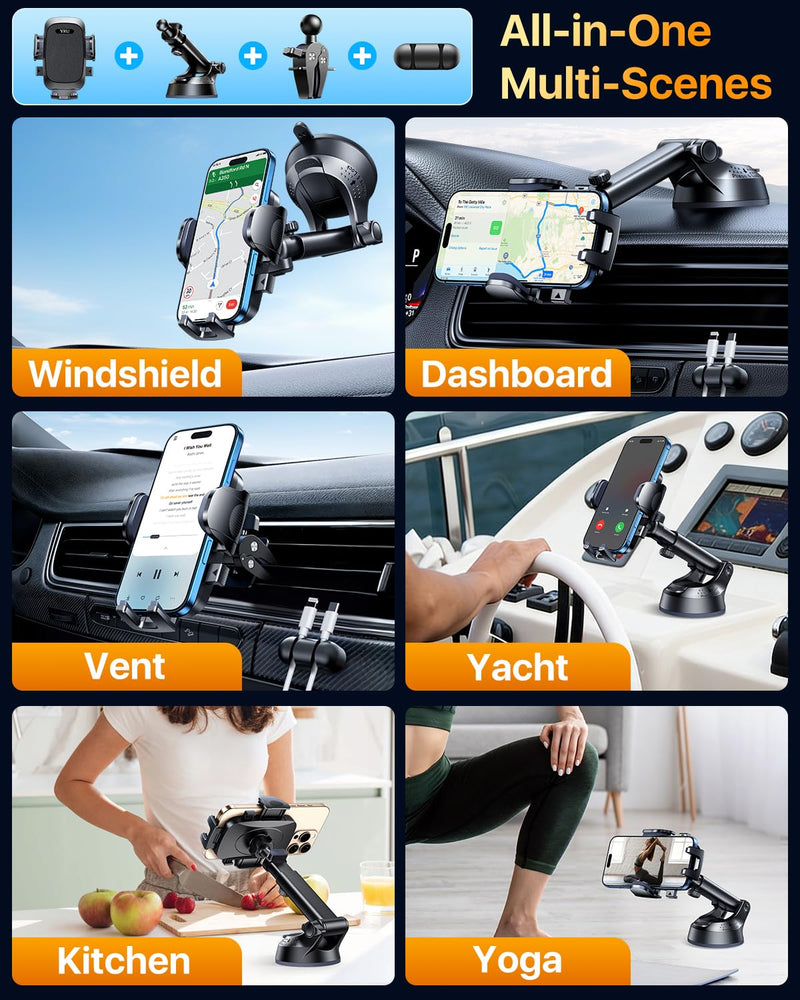 [True Upgrade for Safety] YRU Car Phone Holder Mount [Patent & Military-Grade] Dashboard Cell Phone Holder for Car Vent Windshield Phone Stand for iPhone17 16 15 14 13Pro Max Truck Samsung, Dark Black
