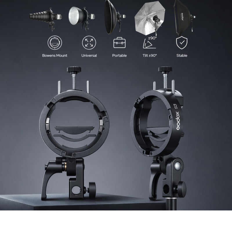 Godox S3 Speedlite Flash Bracket for Camera Flash, S-Type Bowens Mount Adapter with Umbrella Holder, Quick Setup Bracket for Softbox, Beauty Dish and Studio Lighting Godox Flash S3