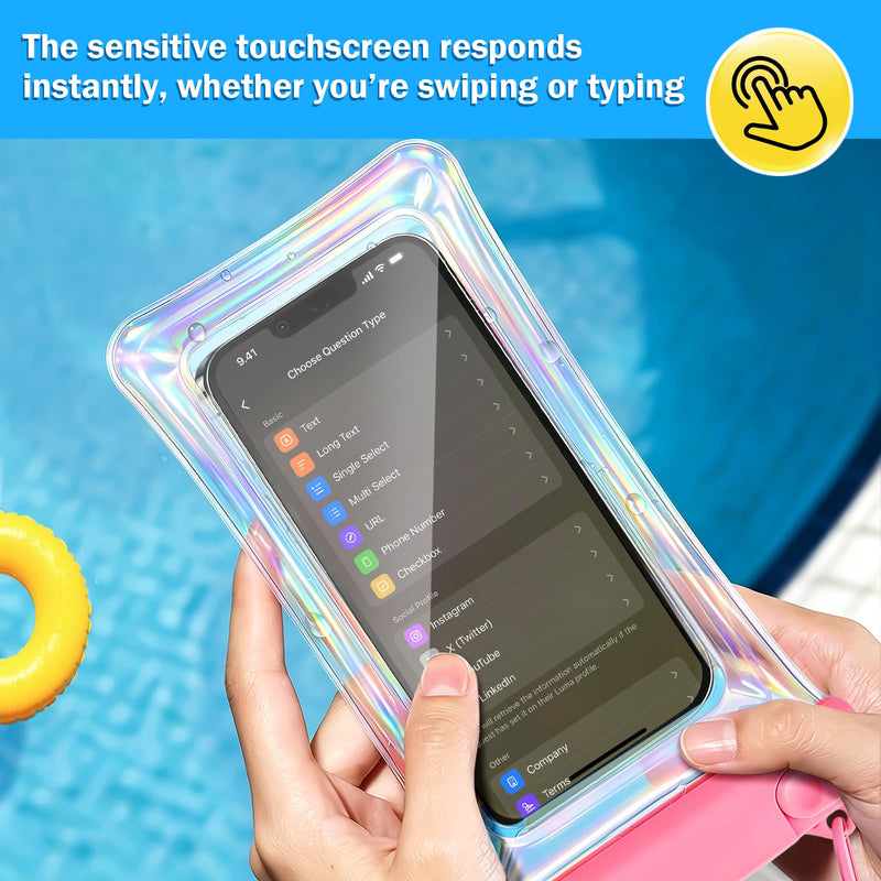 DLseego 2-Pack Iridescent Floating Waterproof Phone Pouch, Pink & Blue Laser TPU IPX8 Dry Bag with Lanyard, Touch Screen Waterproof Case Fit Up to 7 Inch Phone for Swimming Beach Snorkeling Rafting