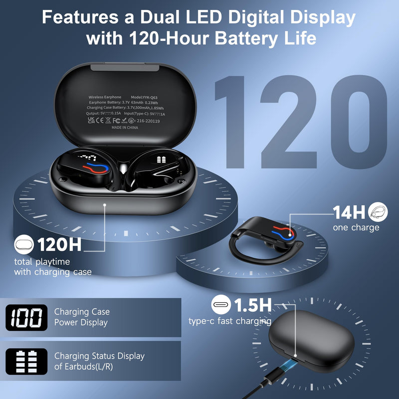 Wireless Earbuds 120hrs Bluetooth 6.1 Headphone Sport, 2026 Bluetooth Earbuds with Fast Charging Case Dual LED Display Earphones ENC Noise Cancelling Mic with Easy Button Controls, IPX7 Waterproof Gloss Black