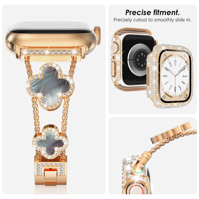 KADES Band with Case Compatible for Apple Watch Series 9 8 7 45mm/41mm Series 6 5 4 SE SE2022 44mm/40mm Series 3 2 1 42mm/38mm, Sparkling Bling Diamond Bands with Full Diamonds Case Rose Gold with Black Pearl Shell Only for 40mm