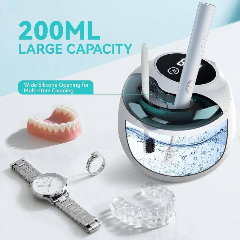 Ultrasonic Denture Retainer Cleaner Machine - 45kHz Retainer Cleaner Machine with 200ML Dental Cleaning Pod, 4 Modes Ultrasonic Cleaner for Denture, Mouth Guard, Aligner, Braces, Toothbrush, Jewelry White