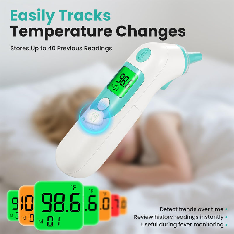 Thermometer for Adults and Kids, Accurate Baby Ear Thermometer with 3-Color Fever Indicator 40-Reading Memory F/°C Switch Mute Mode with Carrying Bag (White)