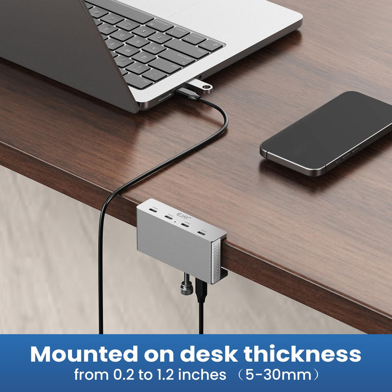 EJAY 10Gbps USB C Hub 4Ports Aluminum USB 3.2 Docking Hub Clamp Design for Desk/Computor with Extra Power Supply Port and 47inches Long Data Cable&39inches Power Cable (BJ-4C-SV) with 4 USB C Silver