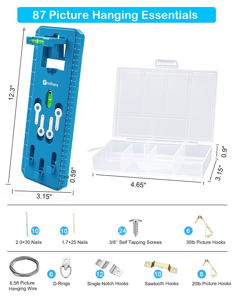 Picture Hanging Kit with Level, Upgraded Picture Hanging Tool, 86Pcs Picture Hangers with Heavy Duty Picture Hanging Hooks, Sawtooth, Wire, Nails, Wall Hangers for Frame, Painting, Art, Photo Bule Set