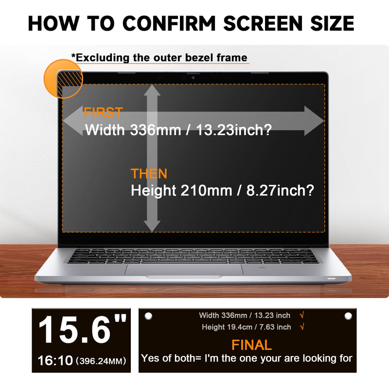 Laptop Privacy Screen 15.6 Inch Compatible with HP/ Dell/ Acer/ Samsung/Asus/ Lenovo/Toshiba, Removable 16:10 Aspect Privacy Filter Screen Protector for 15.6 Inch Laptop, Anti Glare Blue Light Laptop 15'' Privacy Screen (16:10)