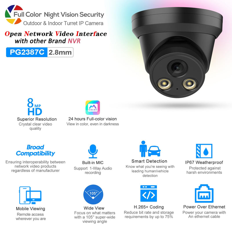 PANOEAGLE 8MP Full Color POE Camera, Outdoor Turret IP Camera w/Mic,4K Security Cameras AI Human/Vehicle Detection, Night Vision 98ft Weatherproof IP67 Wide Angle 2.8mm Lens,NDAA Complaint,Black 8MP Full Color/Black