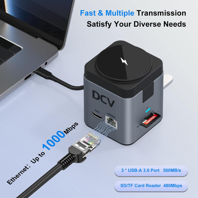 USB C Laptop Docking Station with MagSafe Charger Stand, 9 in 1 USB C Hub Multiport Adapter with 4K HDMI, 1Gbps Ethernet, 3 USB 3.0, SD/TF, Compatible with MacBook/Dell/HP/Lenovo/iPhone (Dark Gray) Dark Gray