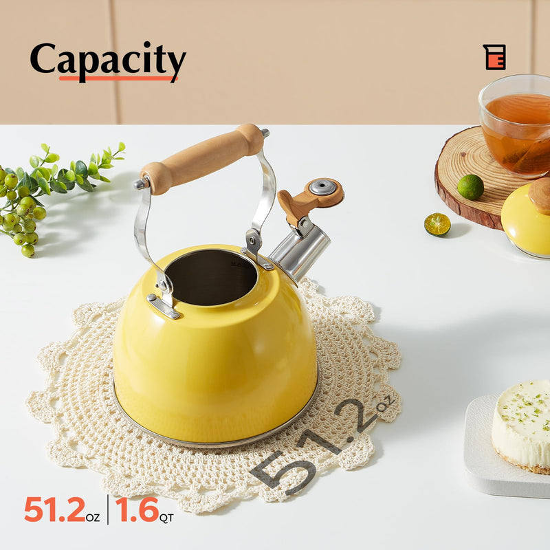 ROCKURWOK Tea Kettle, Tea Pot with Cool Touch Ergonomic Handle, Teapot Food Grade Stainless Steel, Tea Kettle Stovetop, Kettle Teapot, Whistling Tea Kettle, Small Tea Kettles, 1.6 Quart (Yellow) Yellow(1.6QT) 1.6 Quarts